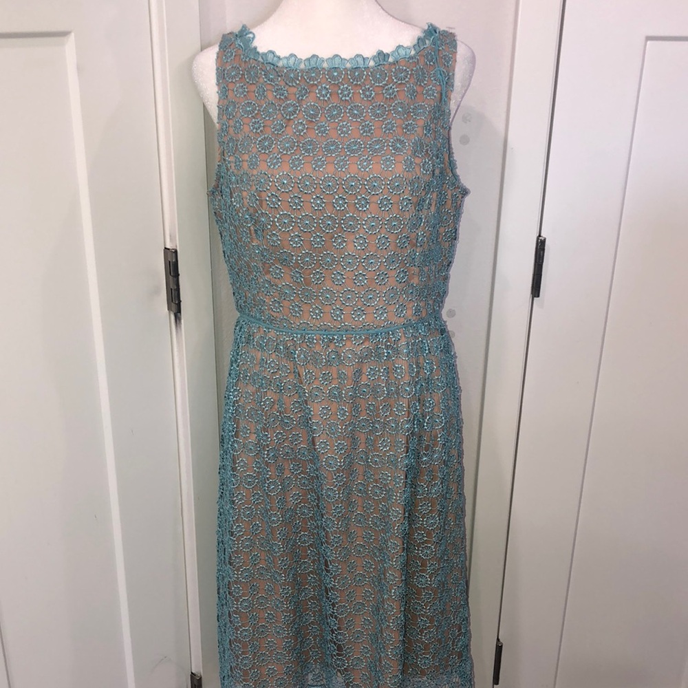 Adrianna Papell Blue Sleeveless A-Line Midi Dress Crochet overlay spring summer